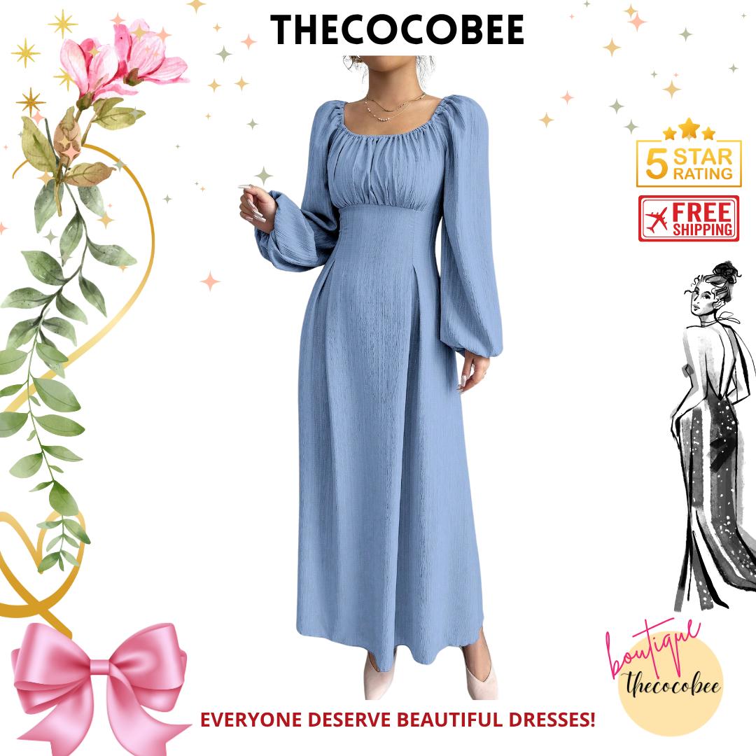 #102 Baby Blue Simple Solid Long Sleeve Ruched Long Casual Dress Long Evening Dresses
