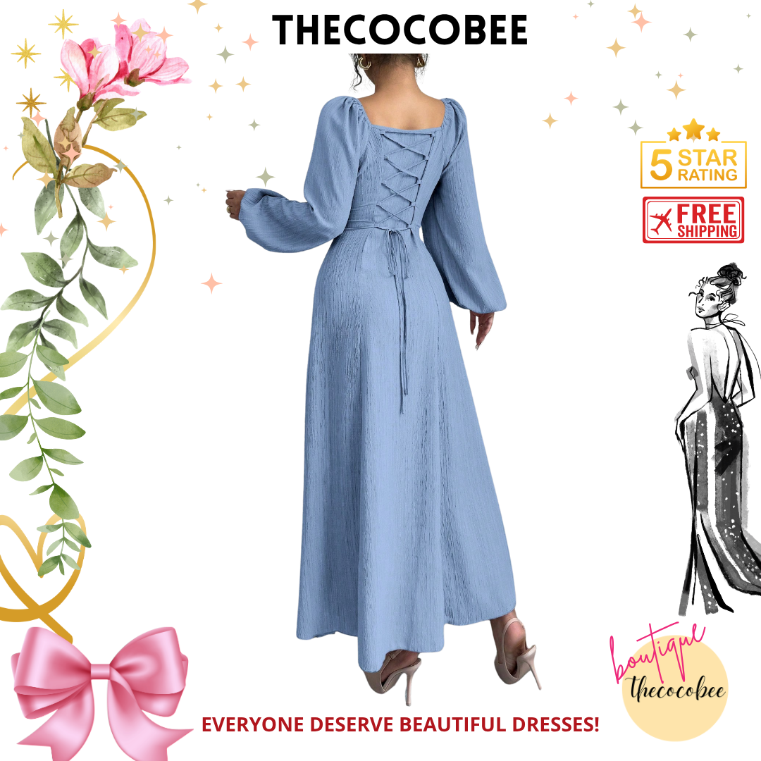 #102 Baby Blue Simple Solid Long Sleeve Ruched Long Casual Dress Long Evening Dresses