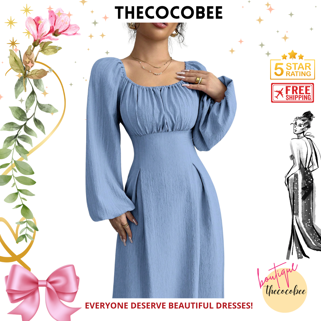 #102 Baby Blue Simple Solid Long Sleeve Ruched Long Casual Dress Long Evening Dresses