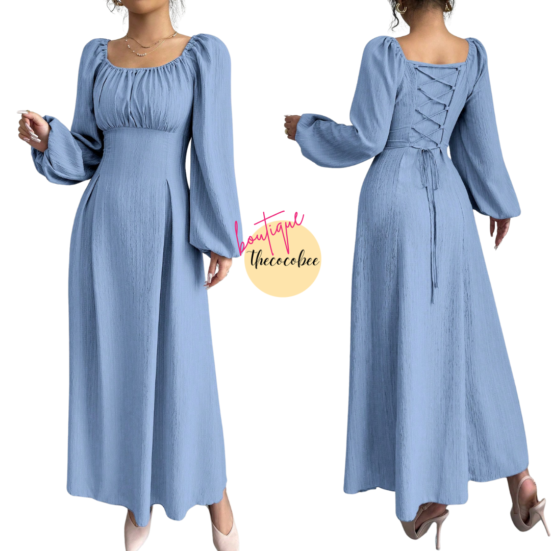 #102 Baby Blue Simple Solid Long Sleeve Ruched Long Casual Dress Long Evening Dresses