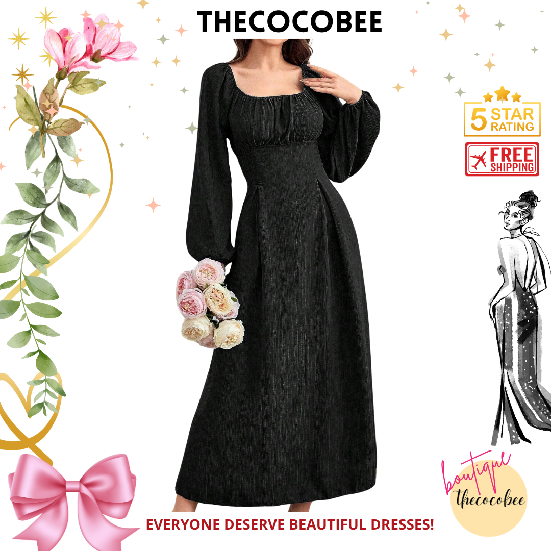 #102 Black Spring/Summer Solid Color Pleated Lantern Sleeve Dress Maxi Women Outfit Long Evening Dresses
