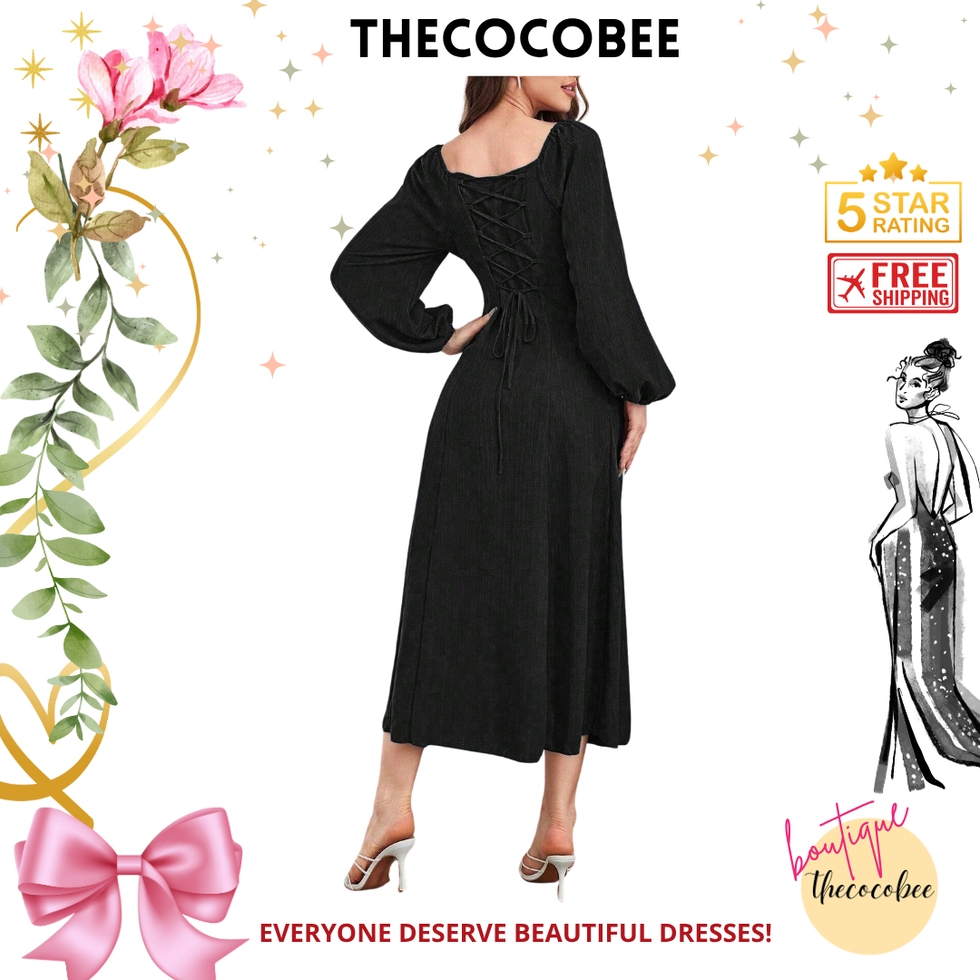 #102 Black Spring/Summer Solid Color Pleated Lantern Sleeve Dress Maxi Women Outfit Long Evening Dresses