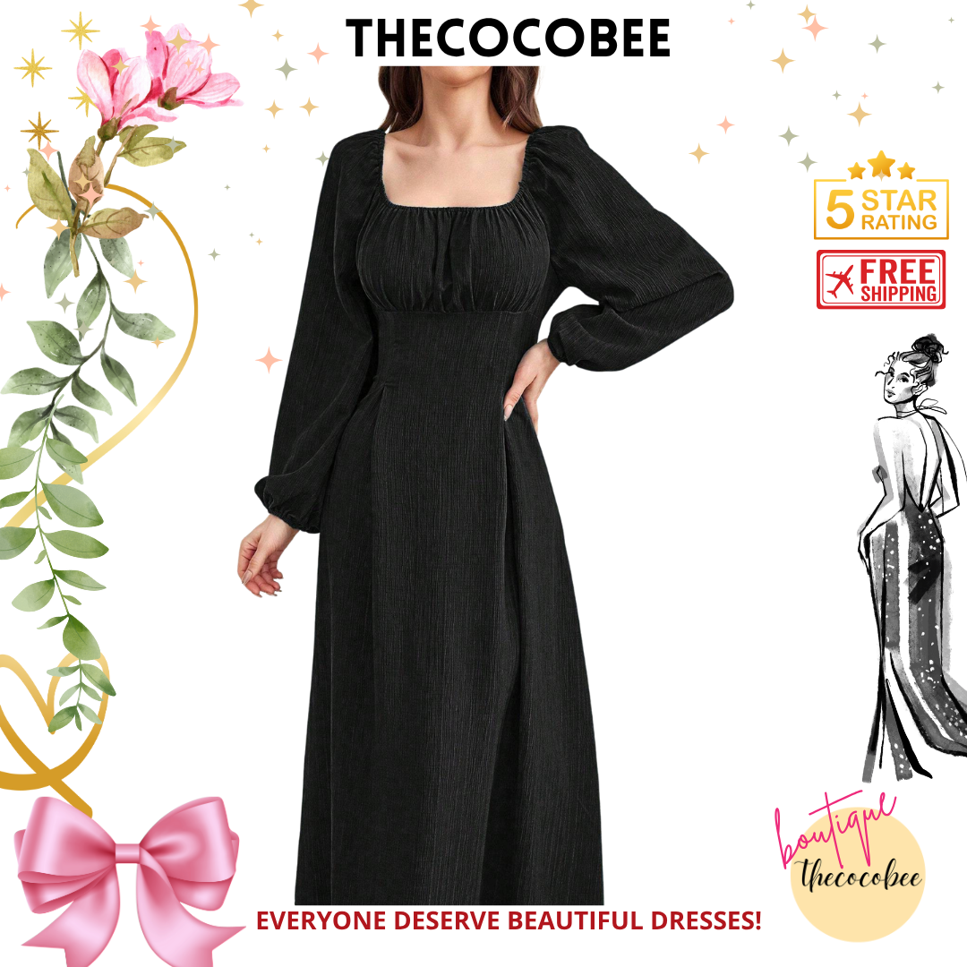 #102 Black Spring/Summer Solid Color Pleated Lantern Sleeve Dress Maxi Women Outfit Long Evening Dresses