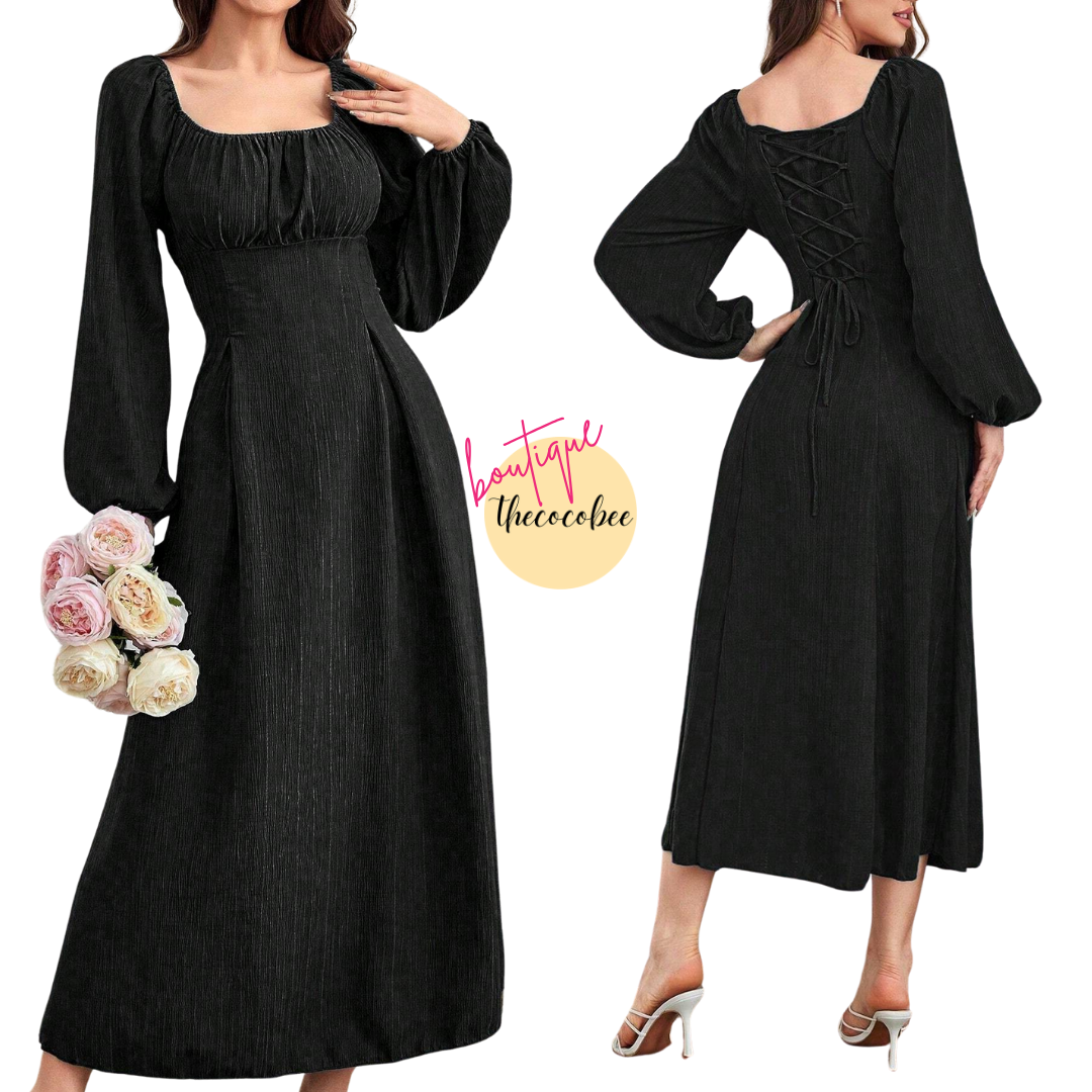 #102 Black Spring/Summer Solid Color Pleated Lantern Sleeve Dress Maxi Women Outfit Long Evening Dresses