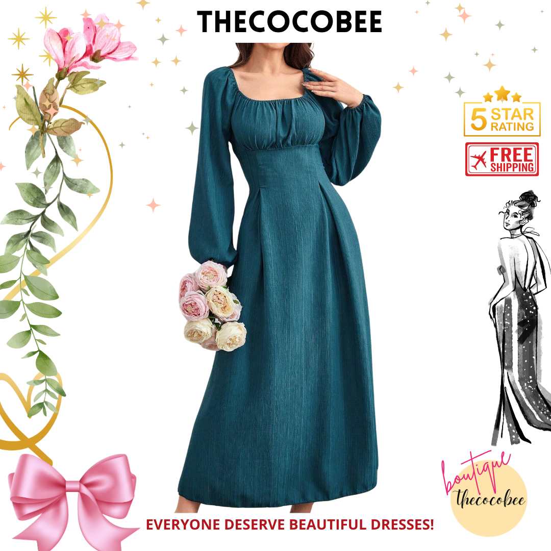 #102 Blue Square Neckline Lantern Sleeve Pleated Chest Dress Maxi Women Outfit
