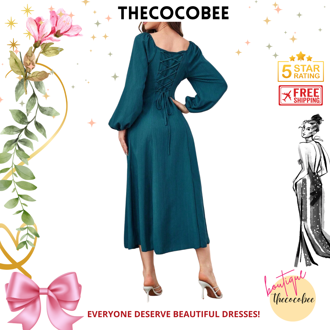 #102 Blue Square Neckline Lantern Sleeve Pleated Chest Dress Maxi Women Outfit