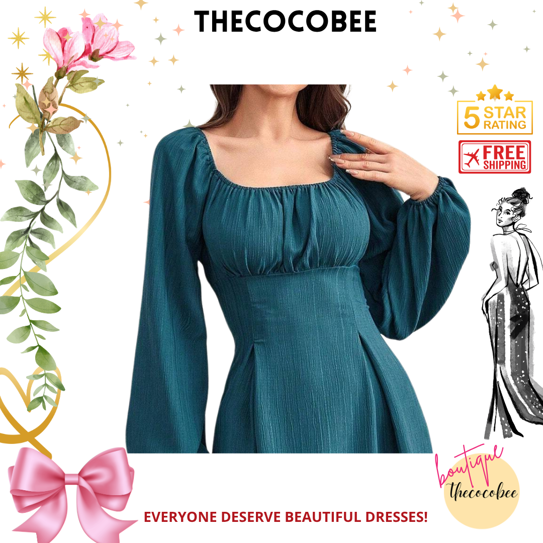 #102 Blue Square Neckline Lantern Sleeve Pleated Chest Dress Maxi Women Outfit