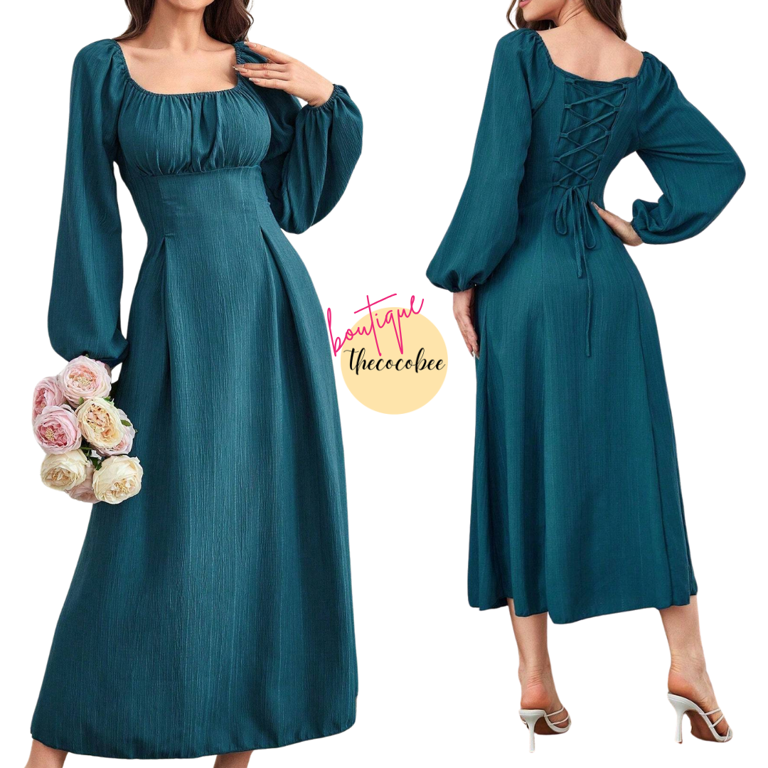 #102 Blue Square Neckline Lantern Sleeve Pleated Chest Dress Maxi Women Outfit
