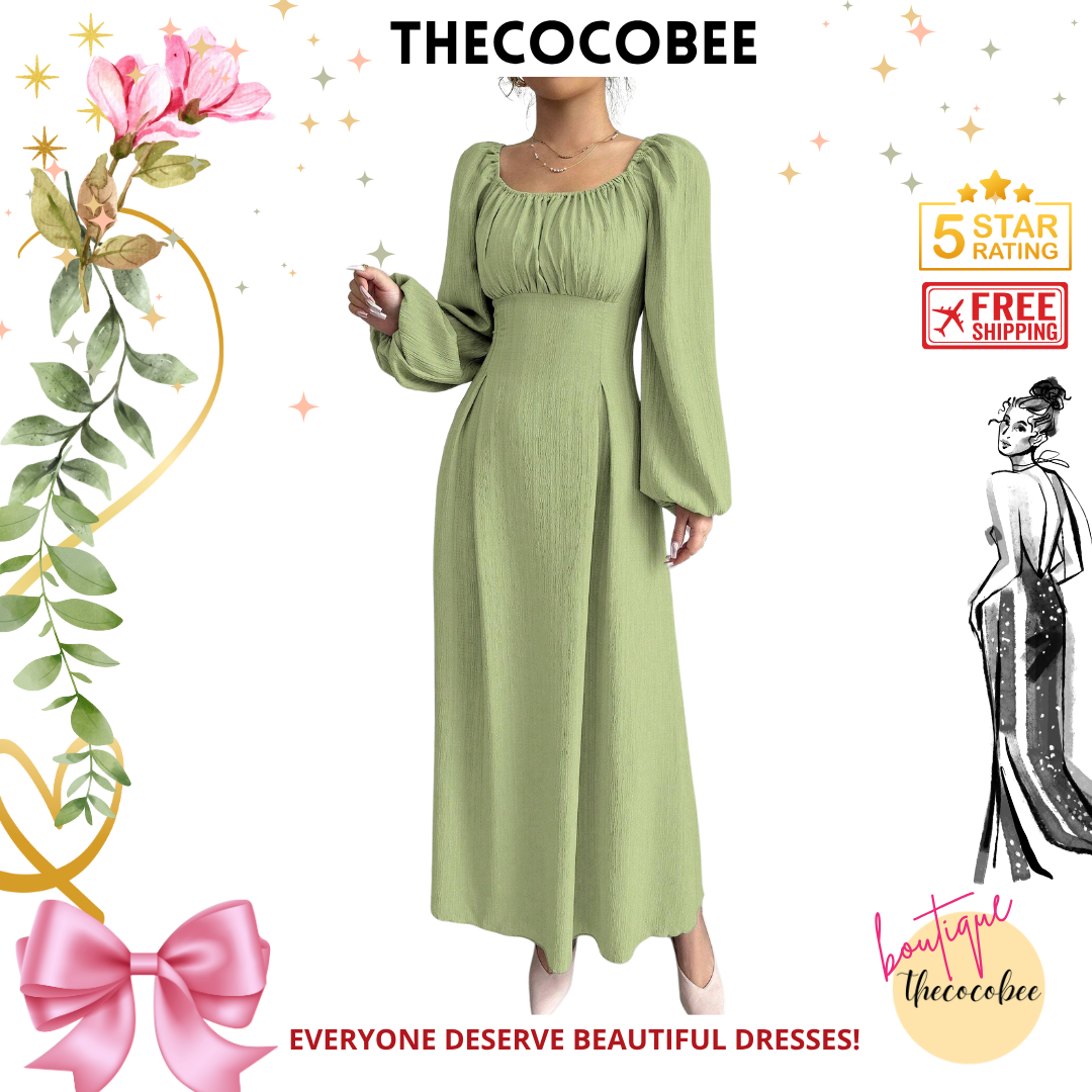 #102 Green Solid Color Round Neck Lantern Sleeve Ruched Long Elegant Dress Long Evening Dresses