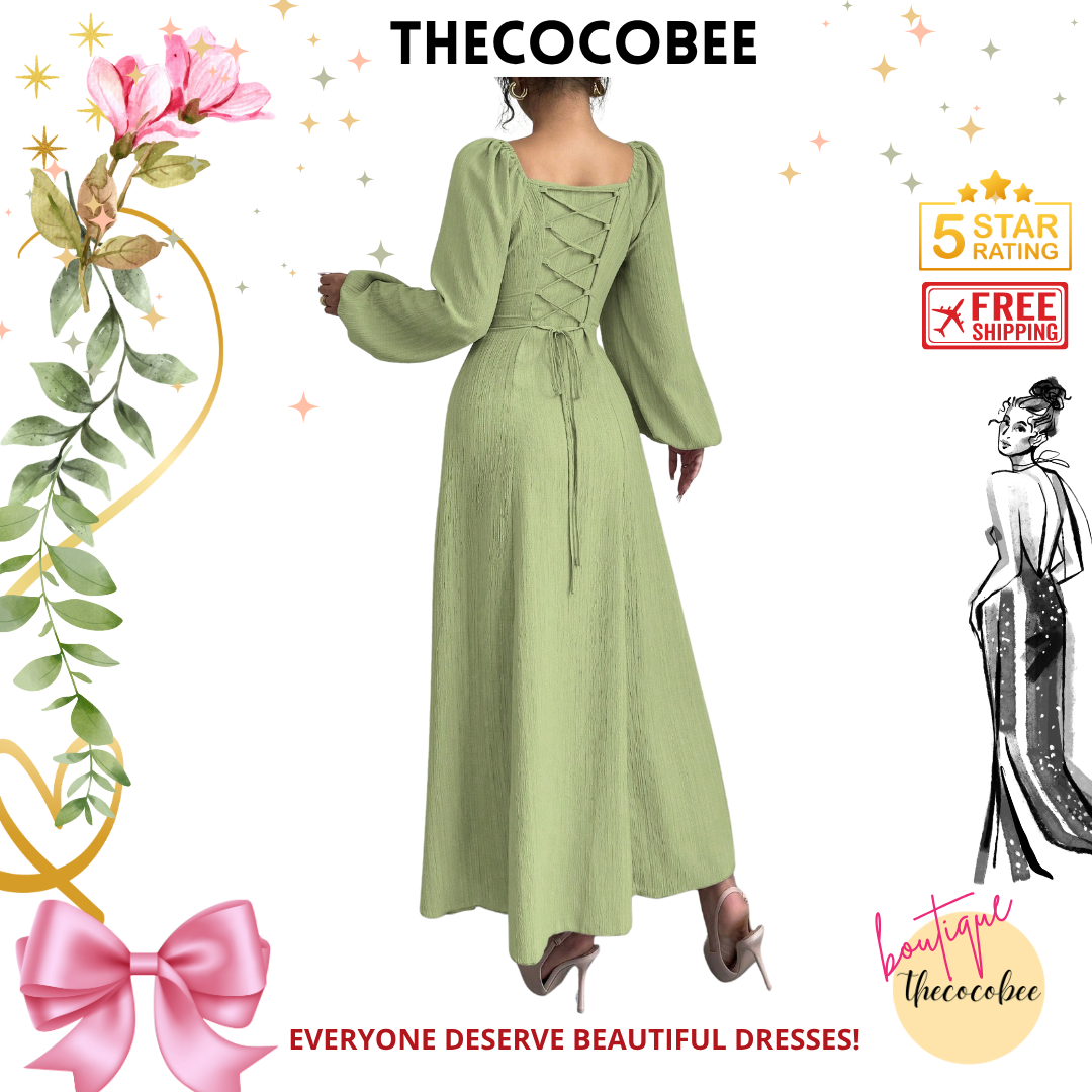#102 Green Solid Color Round Neck Lantern Sleeve Ruched Long Elegant Dress Long Evening Dresses