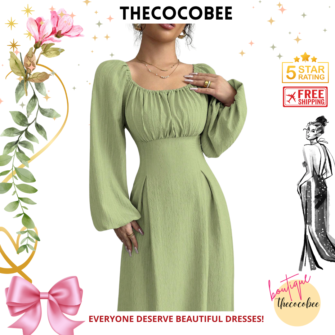 #102 Green Solid Color Round Neck Lantern Sleeve Ruched Long Elegant Dress Long Evening Dresses