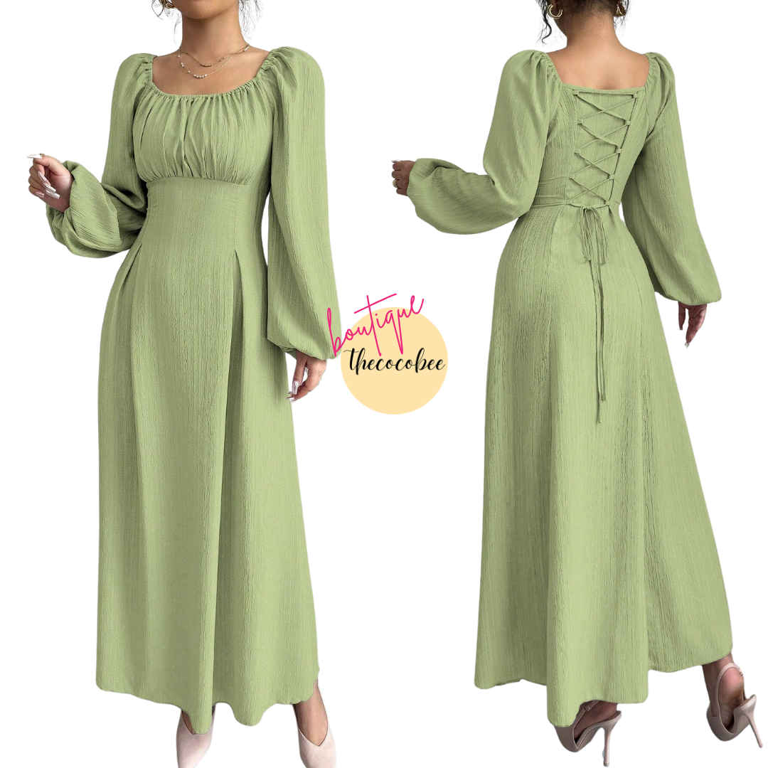 #102 Green Solid Color Round Neck Lantern Sleeve Ruched Long Elegant Dress Long Evening Dresses