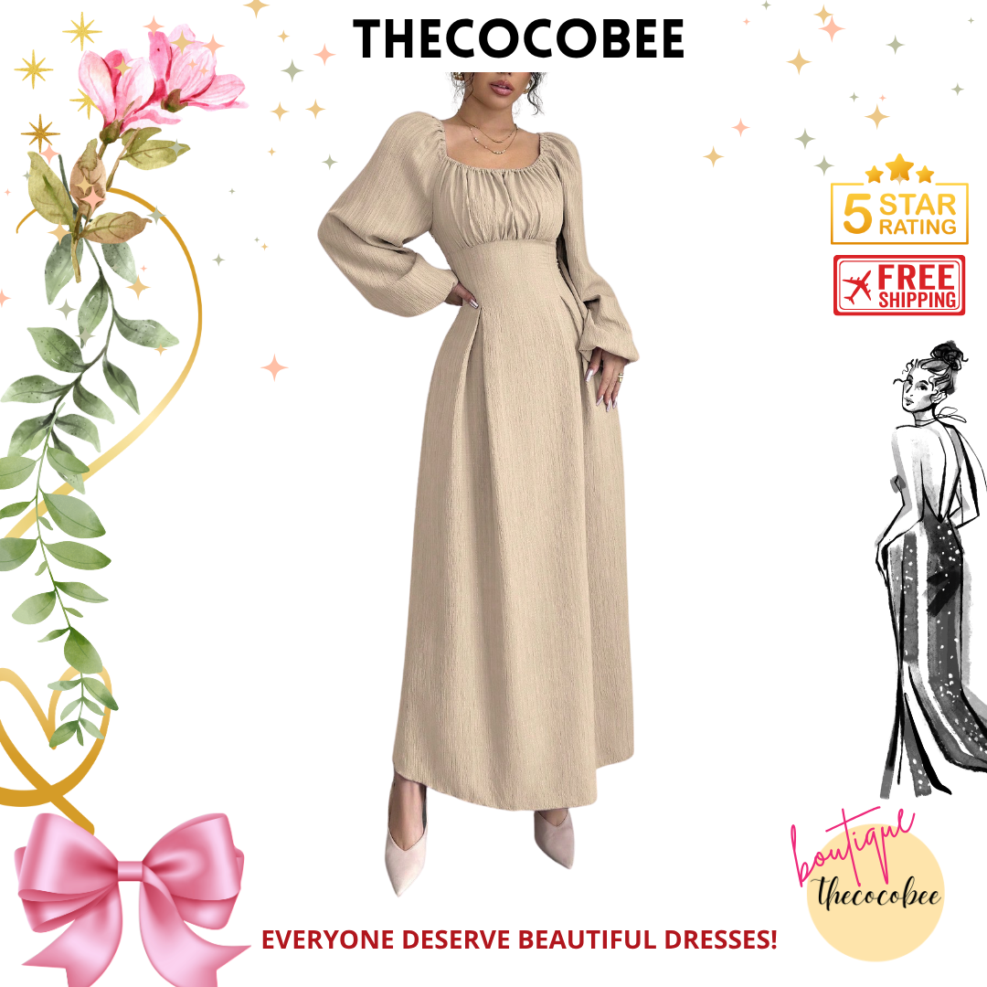 #102 Khaki Elegant Long Dress With Square Neck, Lantern Sleeves, Pleats, And Back Tie, Solid Color, For Autumn Maxi Women Outfit