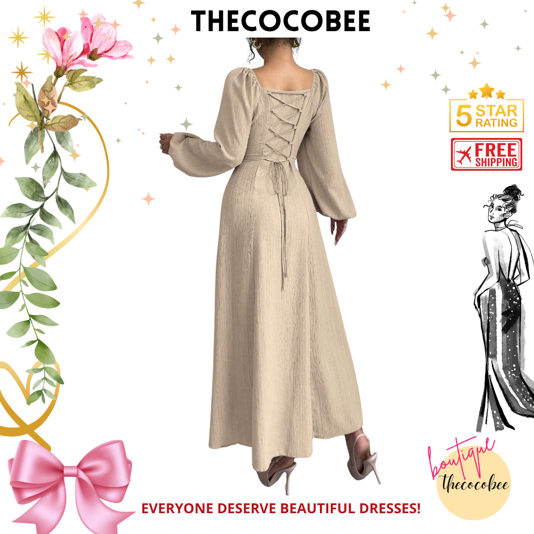 #102 Khaki Elegant Long Dress With Square Neck, Lantern Sleeves, Pleats, And Back Tie, Solid Color, For Autumn Maxi Women Outfit