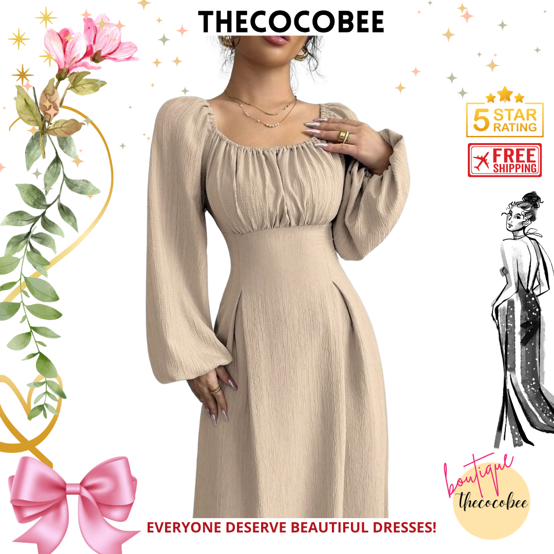 #102 Khaki Elegant Long Dress With Square Neck, Lantern Sleeves, Pleats, And Back Tie, Solid Color, For Autumn Maxi Women Outfit