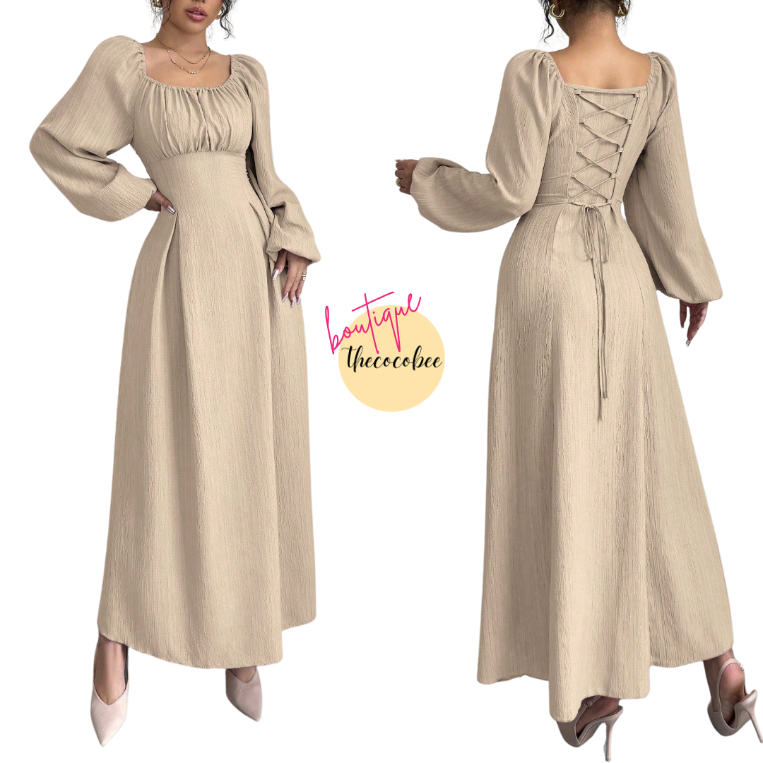 #102 Khaki Elegant Long Dress With Square Neck, Lantern Sleeves, Pleats, And Back Tie, Solid Color, For Autumn Maxi Women Outfit