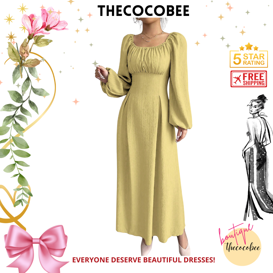 #102 Light Yellow Elegant Long Dress With Square Neck, Lantern Sleeves, Pleats, And Back Tie, Solid Color, For Autumn Maxi Women Outfit