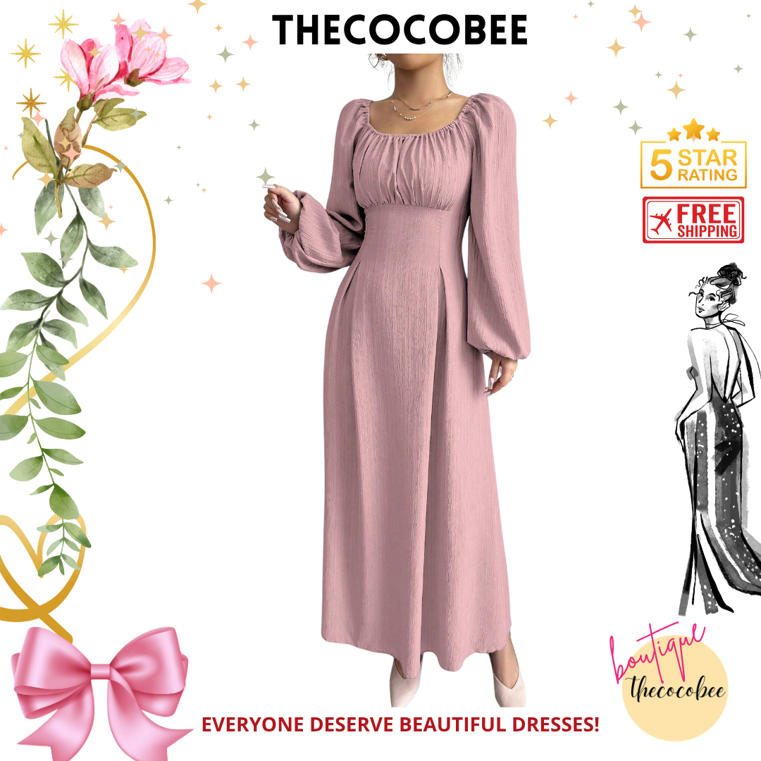 #102 Pink Elegant Long Dress With Square Neck, Lantern Sleeves, Pleats, And Back Tie, Solid Color, For Autumn Maxi Women Outfit