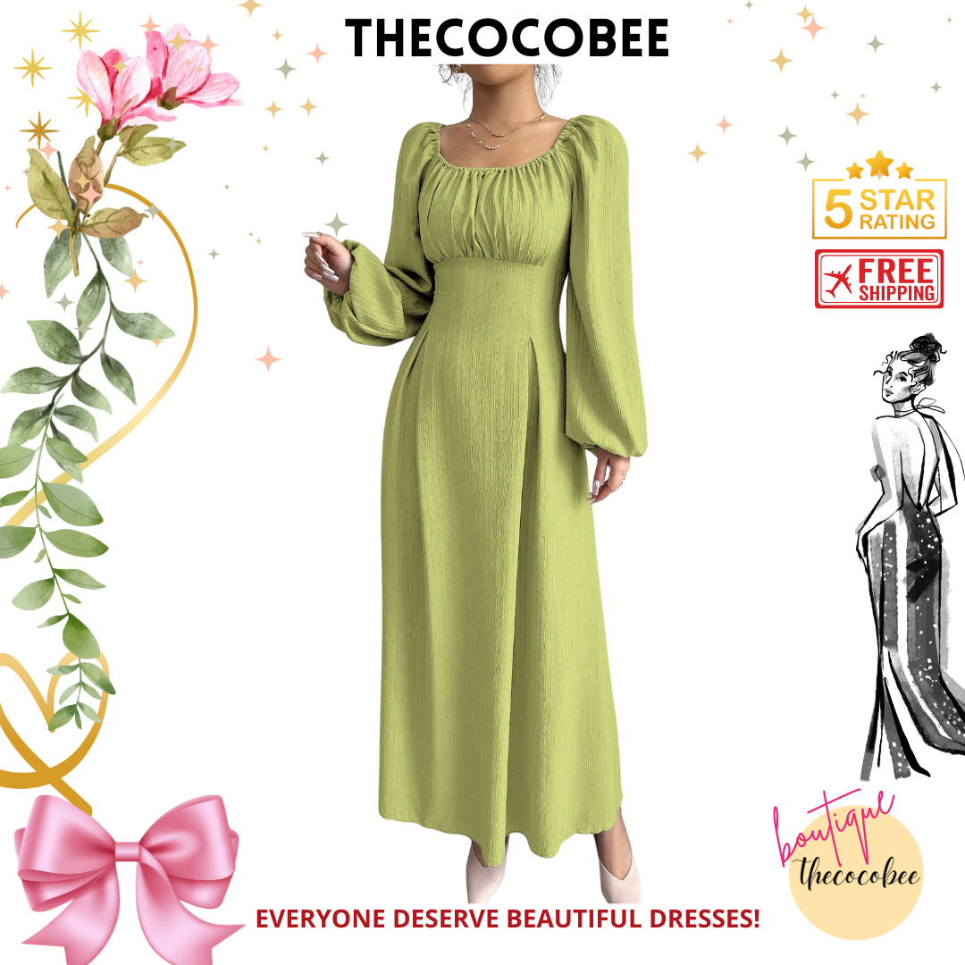 #102 Turquoise Elegant Long Dress With Square Neck, Lantern Sleeves, Pleats, And Back Tie, Solid Color, For Autumn Maxi Women Outfit