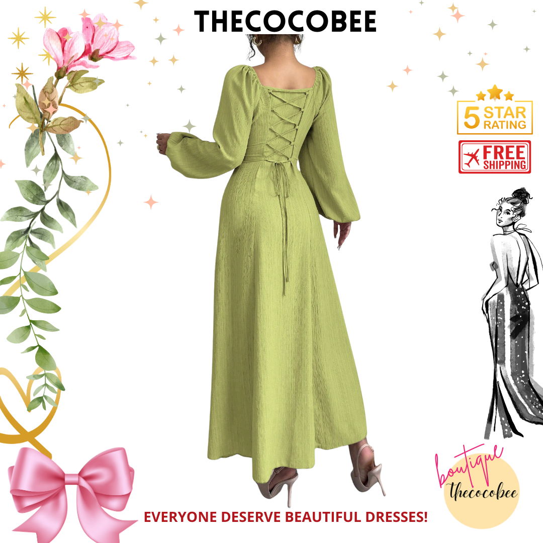 #102 Turquoise Elegant Long Dress With Square Neck, Lantern Sleeves, Pleats, And Back Tie, Solid Color, For Autumn Maxi Women Outfit
