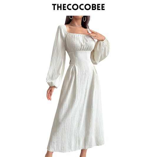 #102 Apricot Fashionable Square Neck Solid Color Waist-Cinching Long Sleeve Dress Maxi Women Outfit Long Evening Dresses