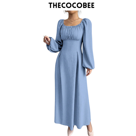 #102 Baby Blue Simple Solid Long Sleeve Ruched Long Casual Dress Long Evening Dresses