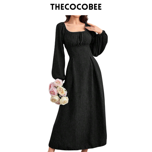 #102 Black Spring/Summer Solid Color Pleated Lantern Sleeve Dress Maxi Women Outfit Long Evening Dresses