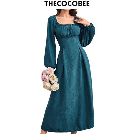 #102 Blue Square Neckline Lantern Sleeve Pleated Chest Dress Maxi Women Outfit
