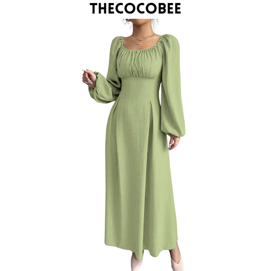 #102 Green Solid Color Round Neck Lantern Sleeve Ruched Long Elegant Dress Long Evening Dresses