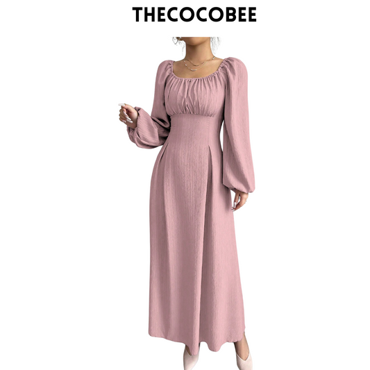 #102 Pink Elegant Long Dress With Square Neck, Lantern Sleeves, Pleats, And Back Tie, Solid Color, For Autumn Maxi Women Outfit