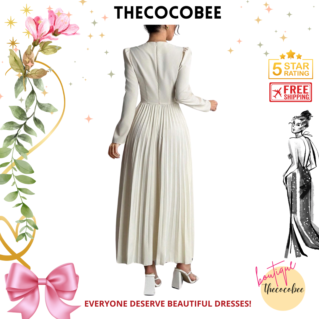 #103 Apricot Fashion Pleated Butterfly Decor Long Dress For Women Maxi Women Outfit