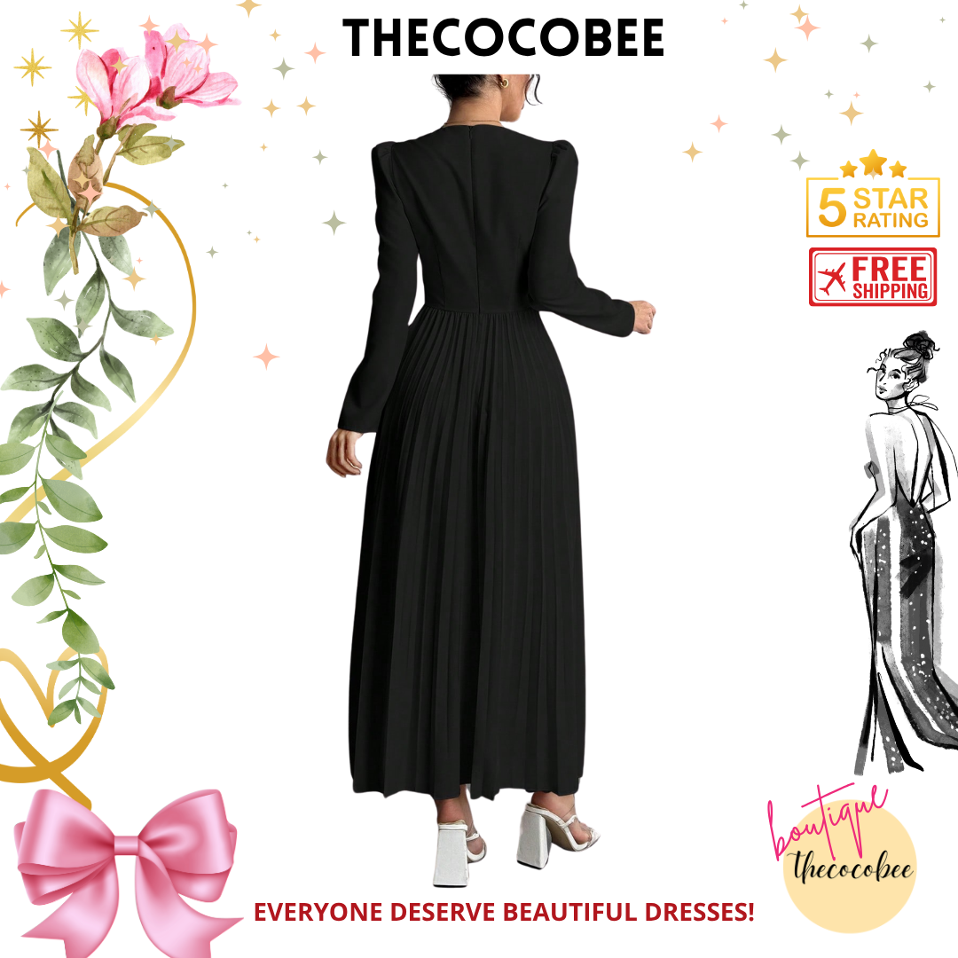 #103 Black Fashion Pleated Butterfly Decor Long Dress For Women Maxi Women Outfit