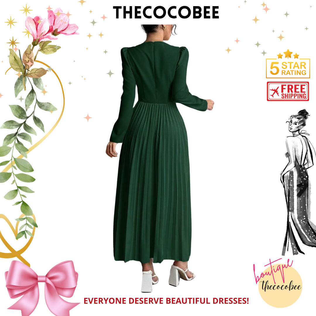 #103 Dark Green Elegant Fashion Pleated Butterfly Decor Long Dress For Women Maxi Women Outfit
