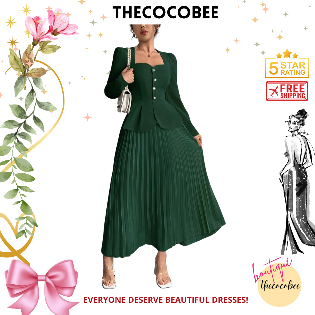 #103 Dark Green Elegant Fashion Pleated Butterfly Decor Long Dress For Women Maxi Women Outfit