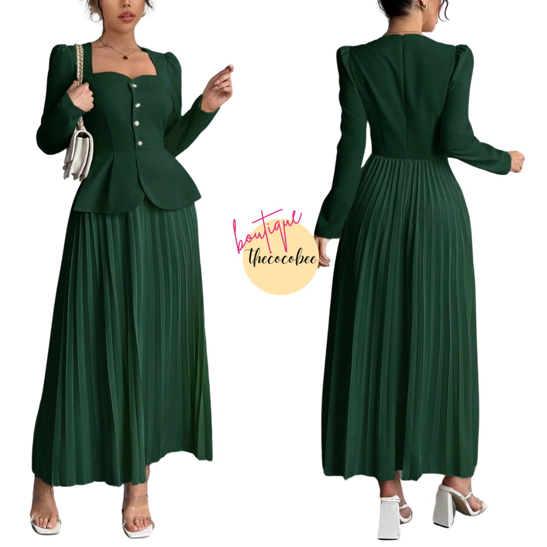 #103 Dark Green Elegant Fashion Pleated Butterfly Decor Long Dress For Women Maxi Women Outfit