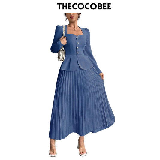 #103 Baby Blue Fashion Pleated Butterfly Decor Long Dress For Women Maxi Women Outfit