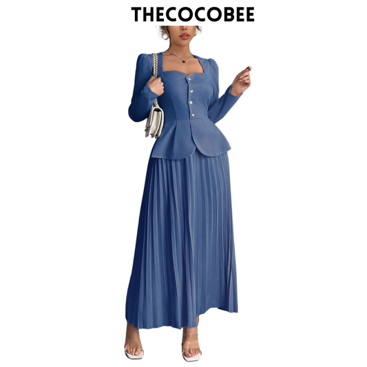#103 Blue Elegant Fashion Pleated Butterfly Decor Long Dress For Women Maxi Women Outfit