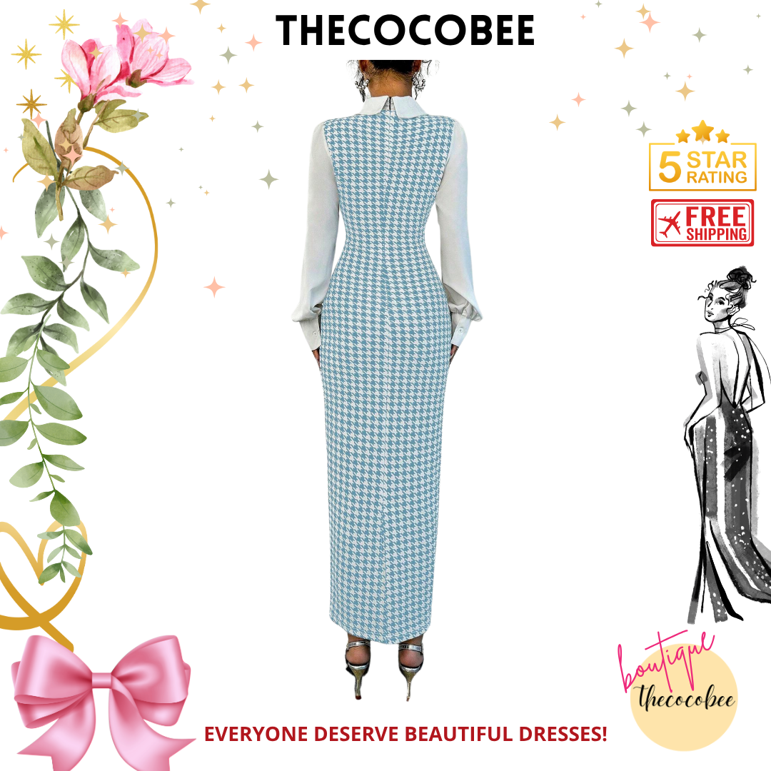 #104 Baby Blue Stylish Simple Elegant Fitted Long Splice Puff Sleeve Shirt Collar Houndstooth Pattern Fabric Women Long Dress For Autumn/Winter Maxi Women Outfit