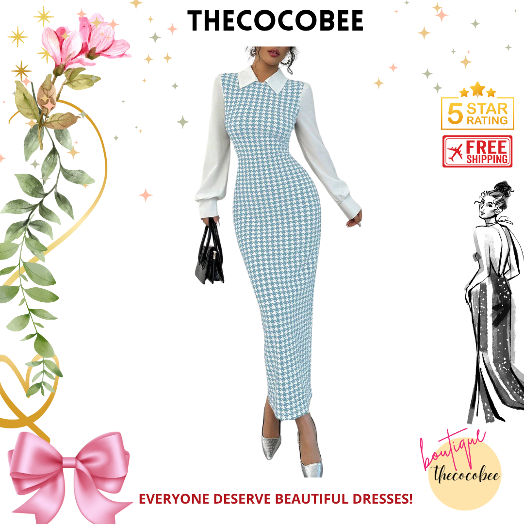 #104 Baby Blue Stylish Simple Elegant Fitted Long Splice Puff Sleeve Shirt Collar Houndstooth Pattern Fabric Women Long Dress For Autumn/Winter Maxi Women Outfit
