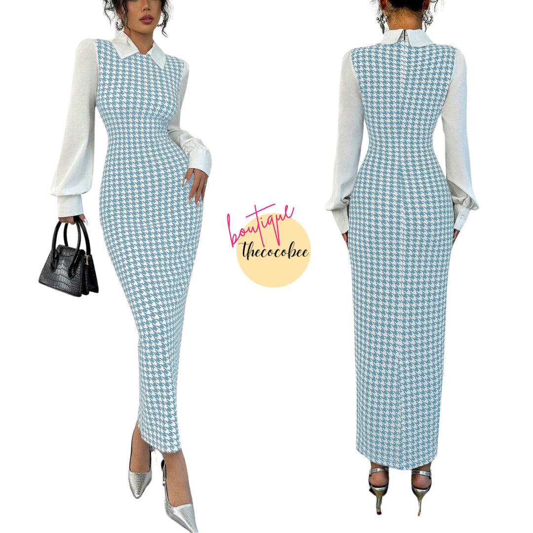 #104 Baby Blue Stylish Simple Elegant Fitted Long Splice Puff Sleeve Shirt Collar Houndstooth Pattern Fabric Women Long Dress For Autumn/Winter Maxi Women Outfit