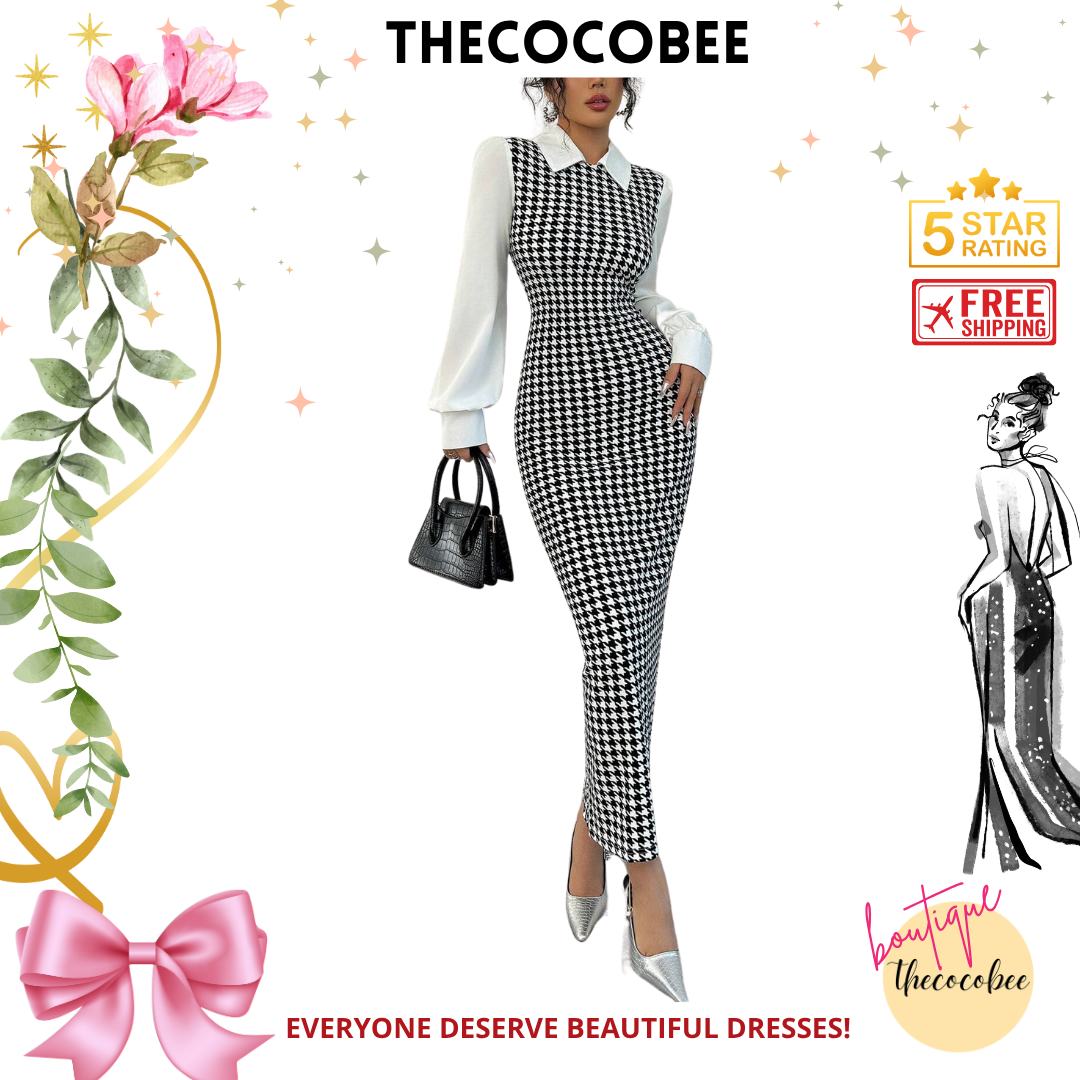 #104 Black Elegant Slim Long Patchwork Puff Sleeve Collar Houndstooth Pattern Fabric Women's Long Dress, Autumn/Winter Maxi Women Outfit