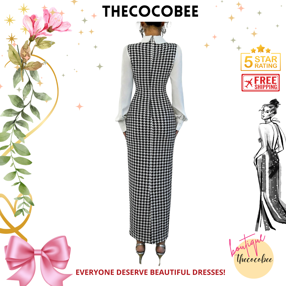 #104 Black Elegant Slim Long Patchwork Puff Sleeve Collar Houndstooth Pattern Fabric Women's Long Dress, Autumn/Winter Maxi Women Outfit