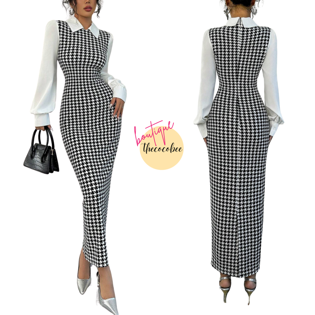 #104 Black Elegant Slim Long Patchwork Puff Sleeve Collar Houndstooth Pattern Fabric Women's Long Dress, Autumn/Winter Maxi Women Outfit