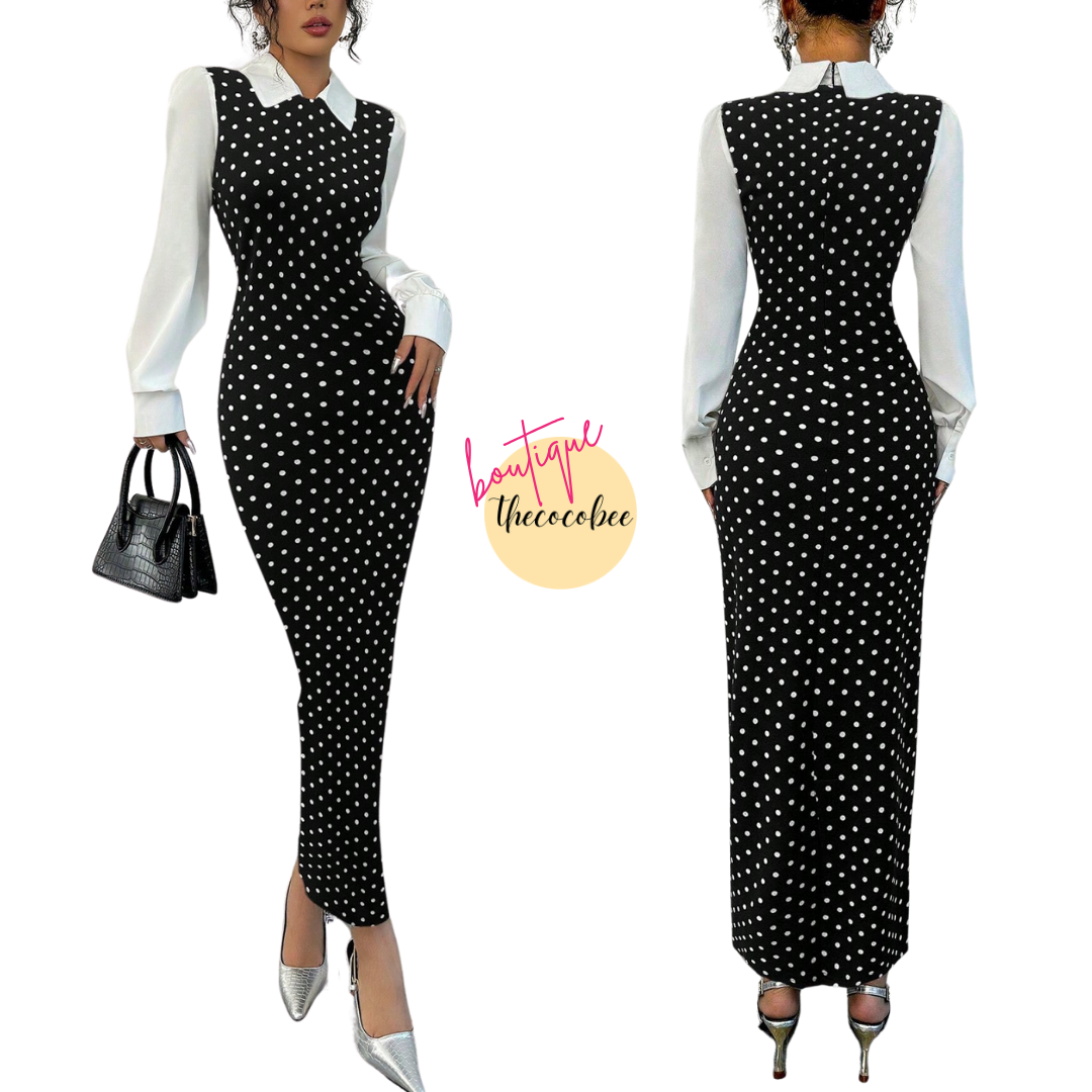 #104 Black Elegant & Slim Fit Houndstooth Print Colorblock Ruffled Cuff Long Sleeve Shirt Collar Dress For Women, Autumn/Winter