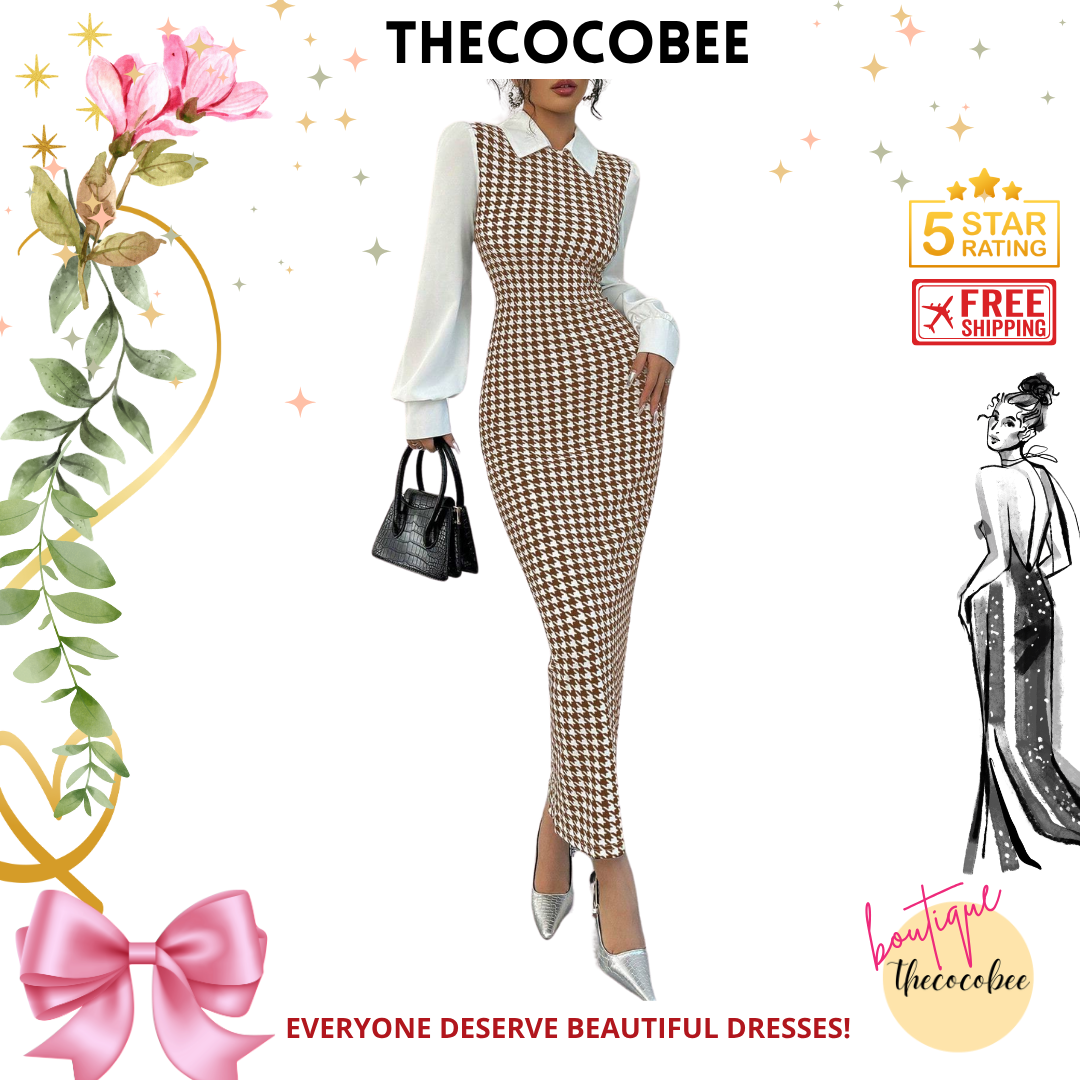 #104 Coffee Brown Elegant Slim Fit Long Patchwork Puff Sleeve Houndstooth Shirt Collar Midi Dress For Women, Autumn/Winter Maxi Women Outfit