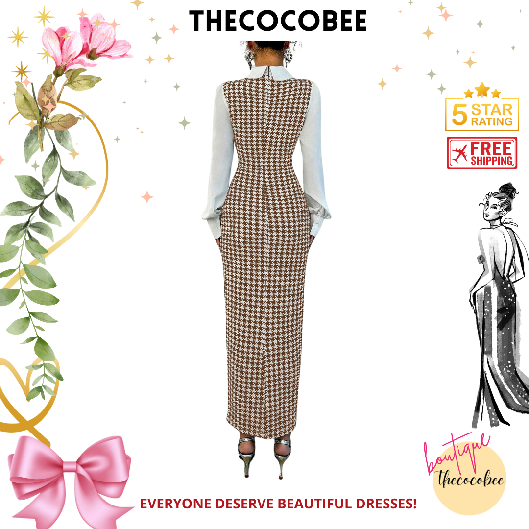 #104 Coffee Brown Elegant Slim Fit Long Patchwork Puff Sleeve Houndstooth Shirt Collar Midi Dress For Women, Autumn/Winter Maxi Women Outfit