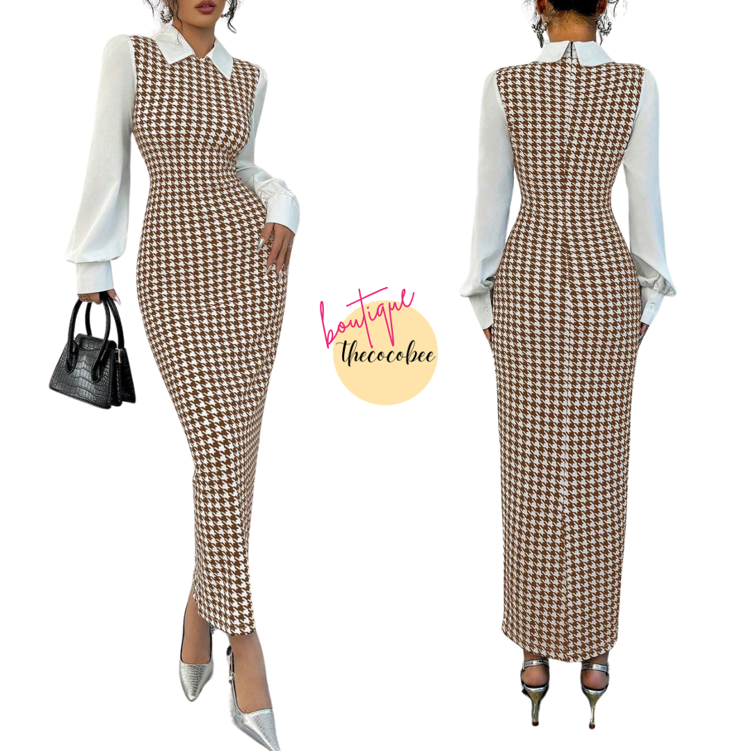 #104 Coffee Brown Elegant Slim Fit Long Patchwork Puff Sleeve Houndstooth Shirt Collar Midi Dress For Women, Autumn/Winter Maxi Women Outfit
