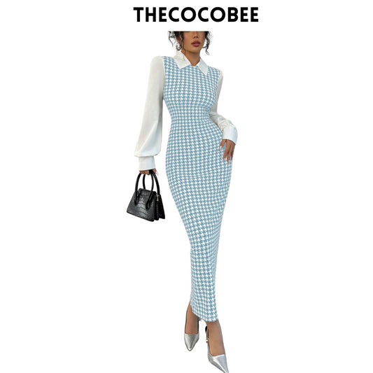 #104 Baby Blue Stylish Simple Elegant Fitted Long Splice Puff Sleeve Shirt Collar Houndstooth Pattern Fabric Women Long Dress For Autumn/Winter Maxi Women Outfit
