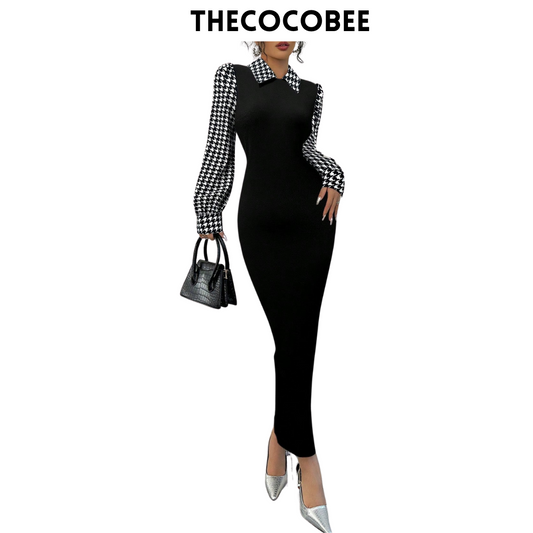 #104 Black Bodycon Fish Tail Dress With Peter Pan Collar, Color Blocking Houndstooth & Puff Sleeves Maxi Women Outfit