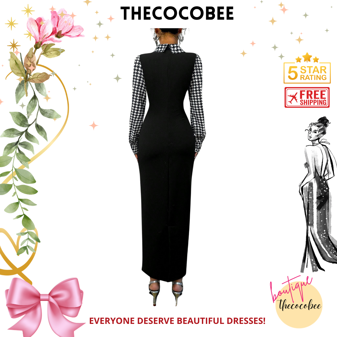 #104 Black Bodycon Fish Tail Dress With Peter Pan Collar, Color Blocking Houndstooth & Puff Sleeves Maxi Women Outfit